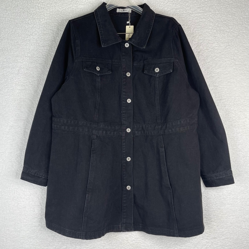 Agnes Orinda Womens 2X Black Denim Button Down Dress or Jacket Waist Pockets NEW